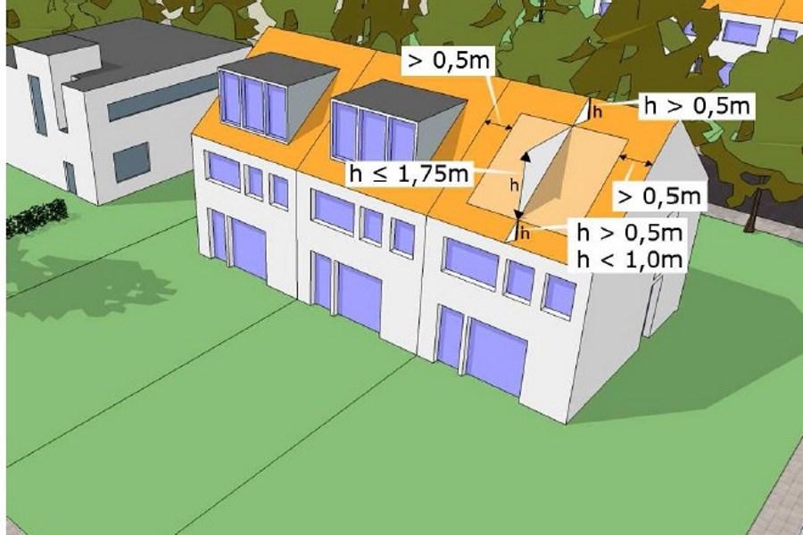 Tekening van drie huizen naast elkaar met afmetingen van een potentiële dakkapel